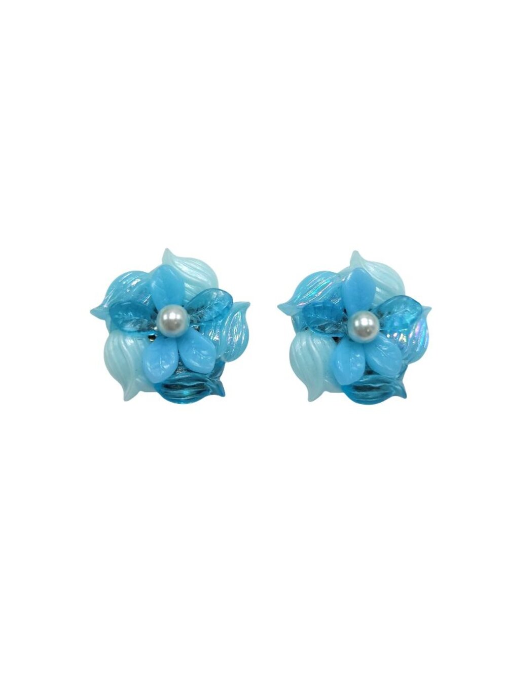 Vintage West Germany Blue Floral Clip-On Earrings Faux Pearl Bead Cluster